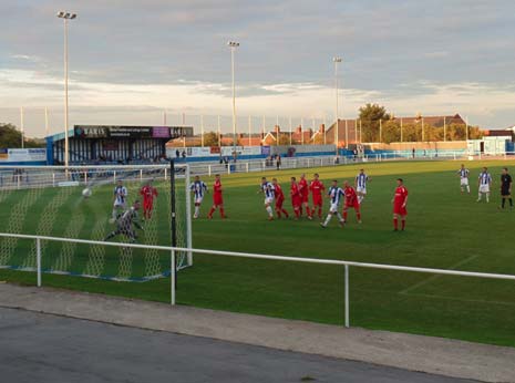 Staveley took the lead just before half time from a Lewis Jackson 25 yard free kick (below) which gave Jack Ward in the Stocksbridge goal no chance.