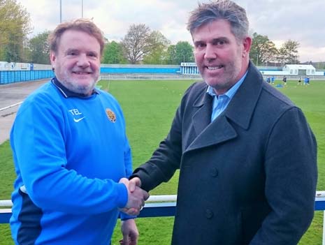 Staveley Chairman Terry Damms (left) welcomes new Manager Brett Marshall to the club