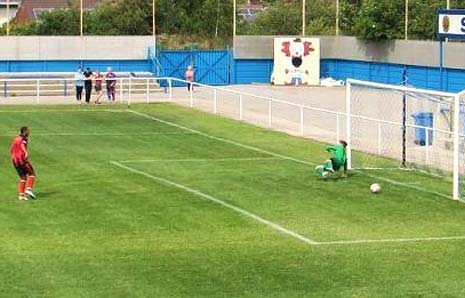 Hazel was the last man and clean through on goal when he went to ground, But thankfully, given the nature of the game, the Trojans keeper was shown clemency by the match official and was duly sent the wrong way as the visitors went in front.