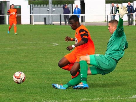 Mohammed Tijani nipped in before the ball ran through to the on-rushing keeper Watson who, in making an attempt to clear the ball, clipped Tijani outside the box and a freekick was given