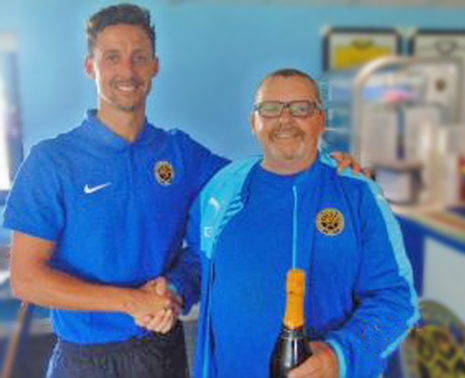 Ash Rawson was voted as supporters player of the match, pictured here receiving a bottle of 'Prosecco' (kindly donated by Staveley fan Bob Jacques), from Dave Beresford, who has chosen to once again sponsor Ash for the 2017-2018 season.