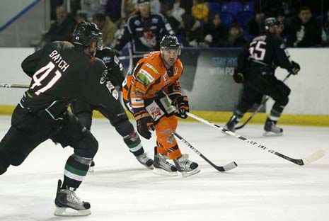 Sheffield Steelers player coach, Ryan Finnerty in action against the Cardiff Devils